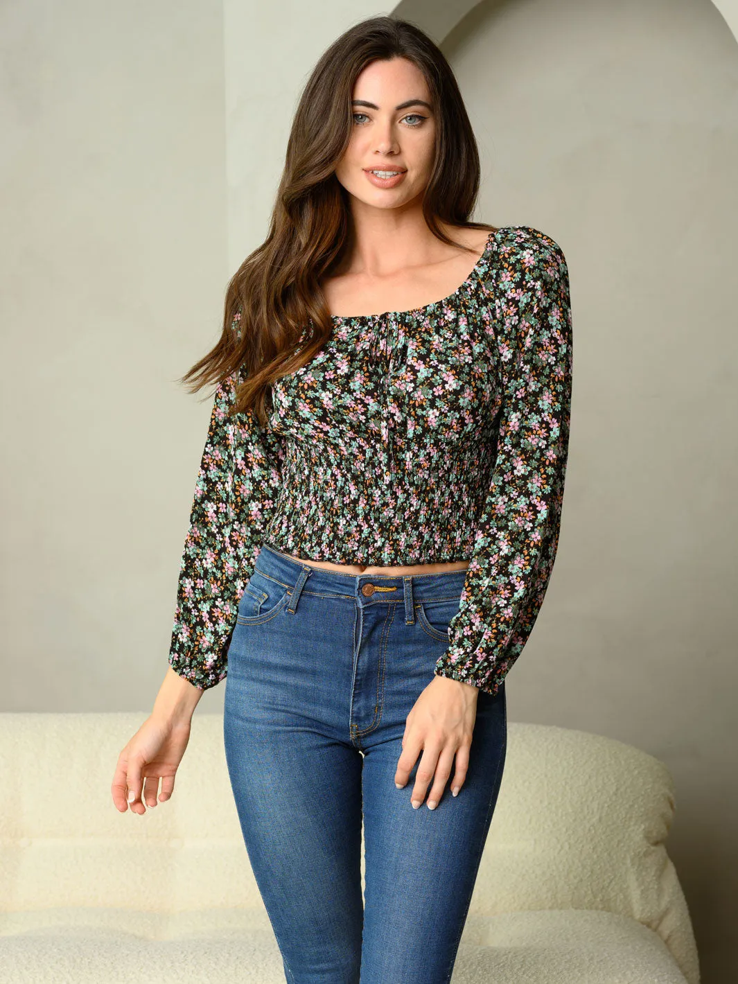 WOMEN'S LONG SLEEVE DITSY FLORAL PRINT SMOCK WAIST BLOUSE TOP
