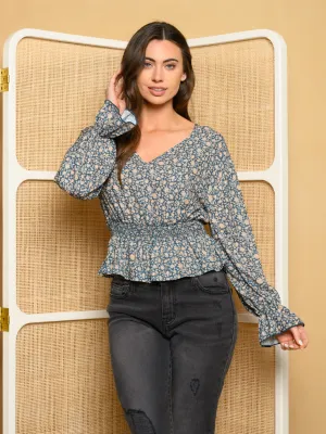 WOMEN'S LONG SLEEVE FLORAL SMOCKED WASIT TOP