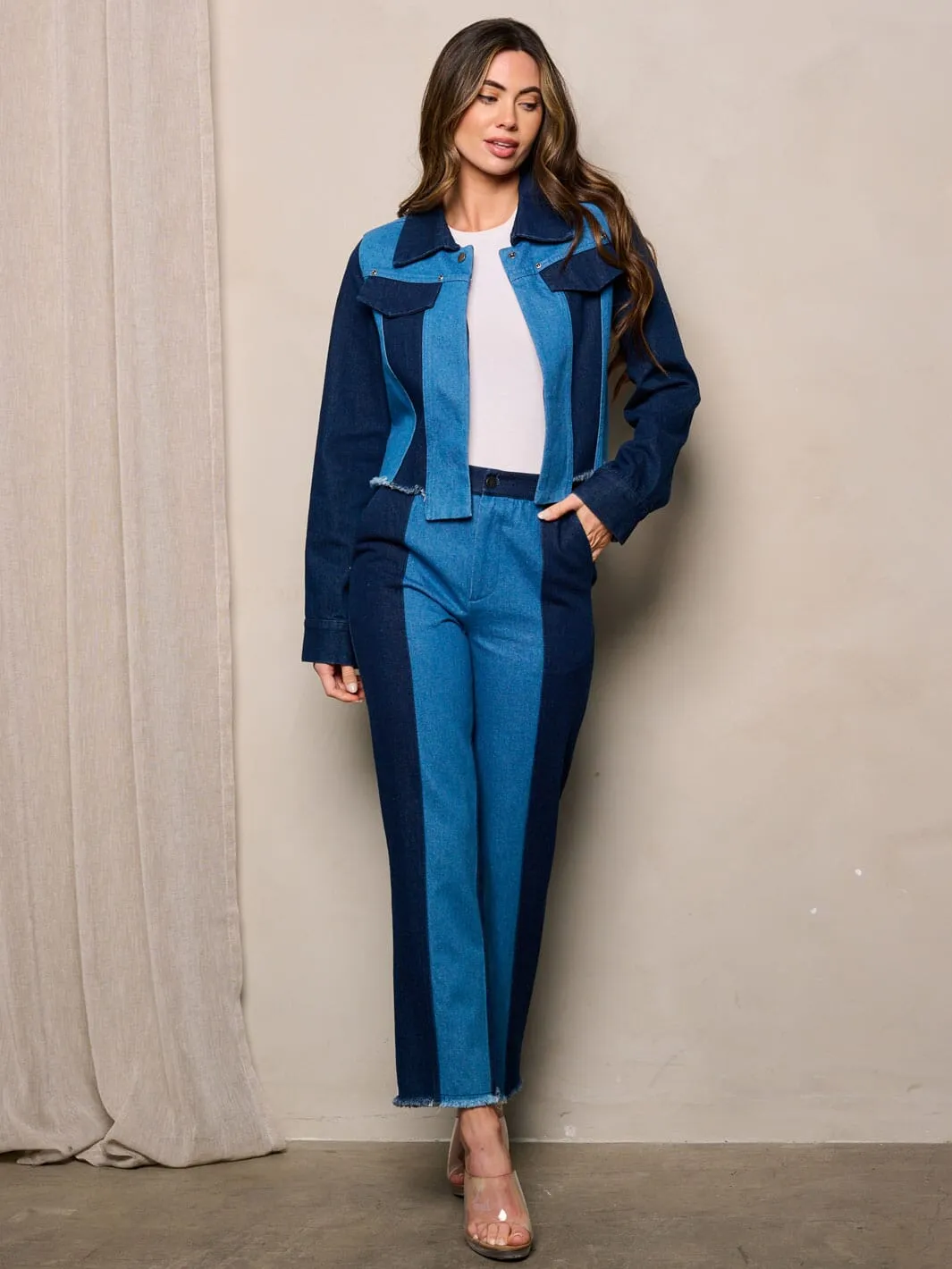 WOMEN'S LONG SLEEVE JACKET & PANTS TWO TONE DENIM 2PC. SET