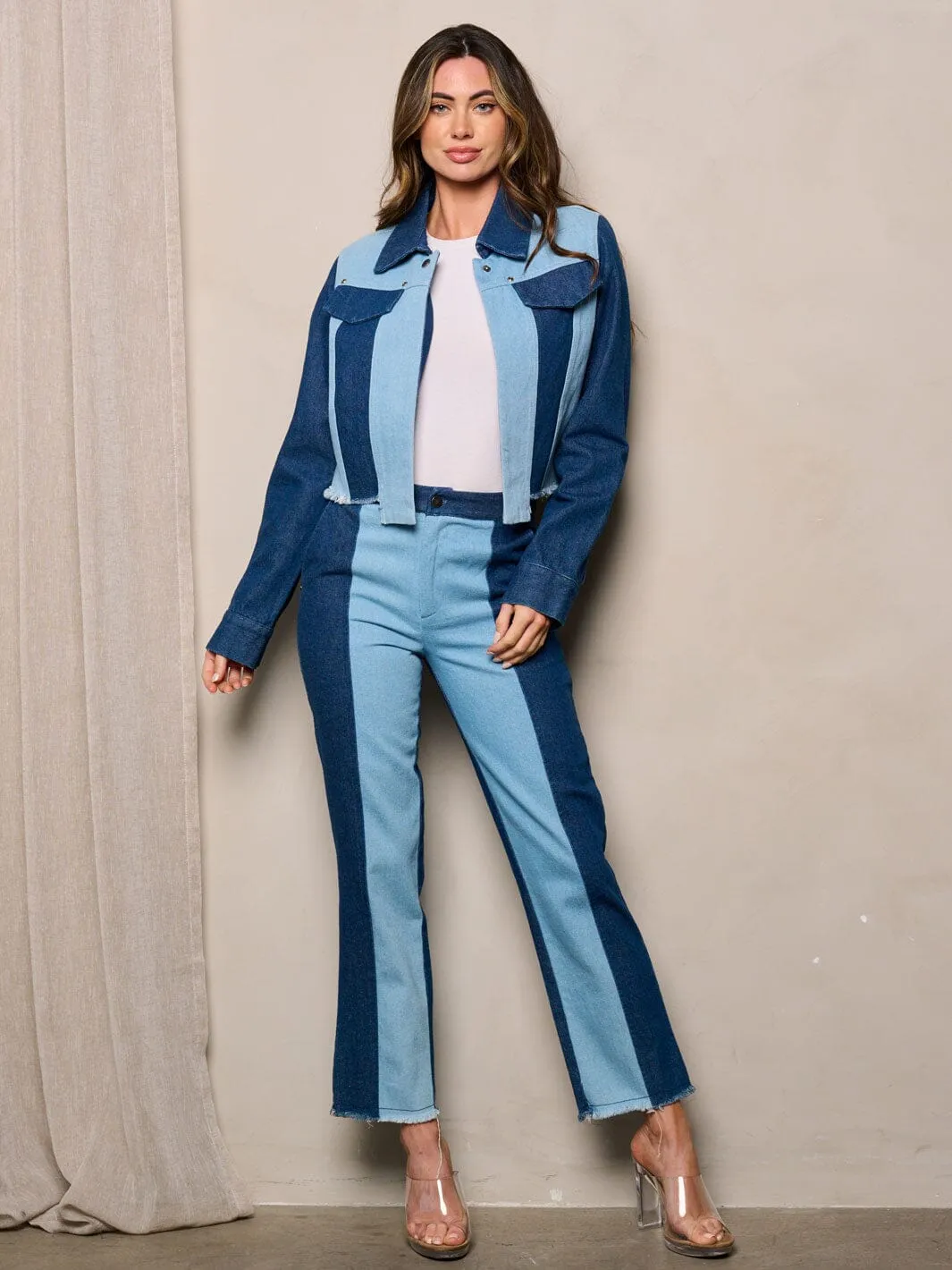 WOMEN'S LONG SLEEVE JACKET & PANTS TWO TONE DENIM 2PC. SET