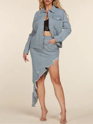 WOMEN'S LONG SLEEVE JACKET & SKIRT DENIM 2PC SET