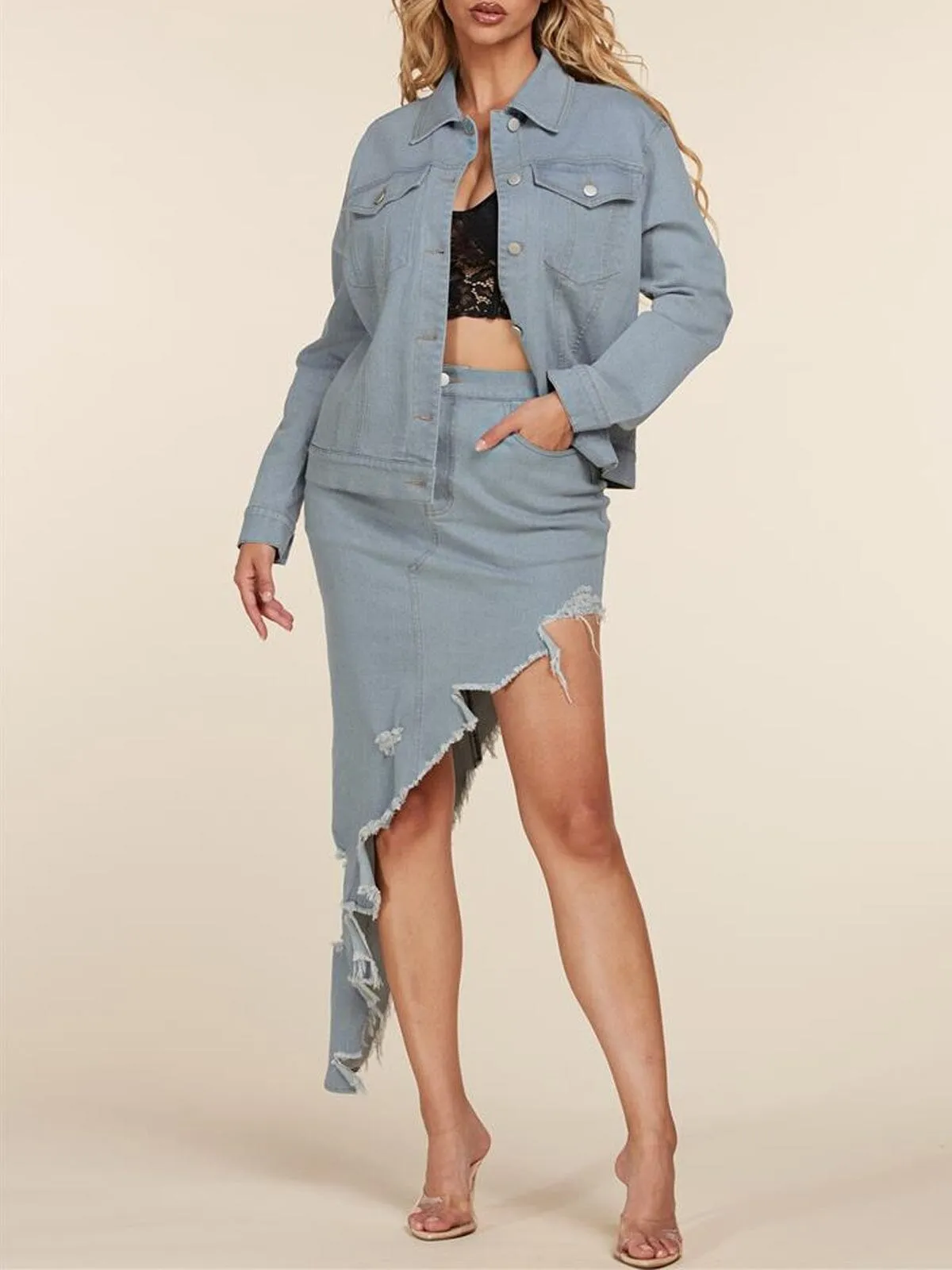 WOMEN'S LONG SLEEVE JACKET & SKIRT DENIM 2PC SET