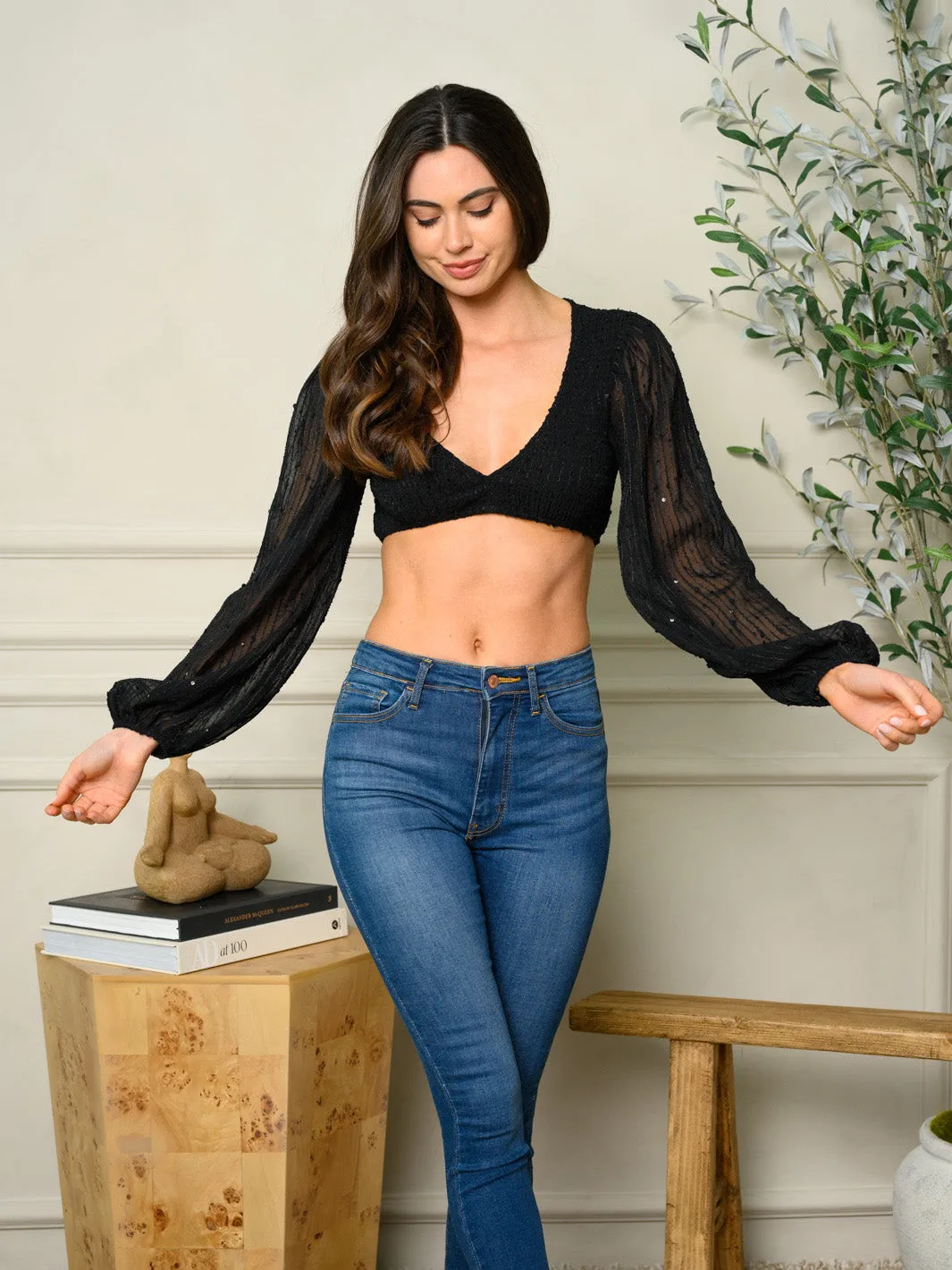 WOMEN'S LONG SLEEVE SMOCKED SEQUINS CROP TOP