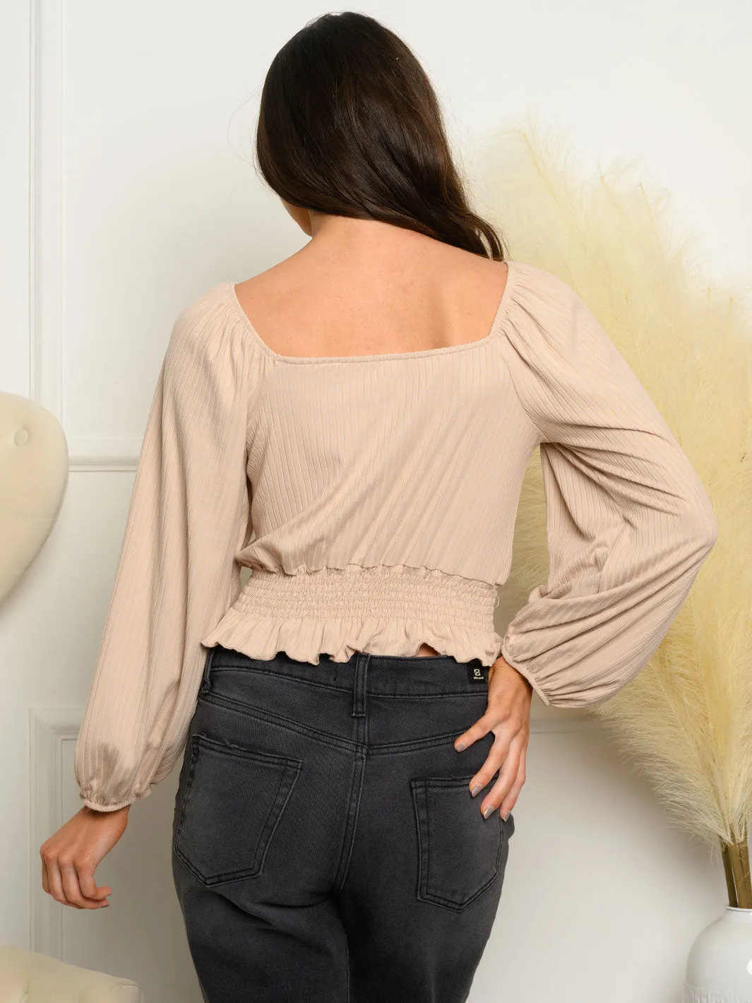 WOMEN'S LONG SLEEVE SMOCKED WASIT KNIT TOP
