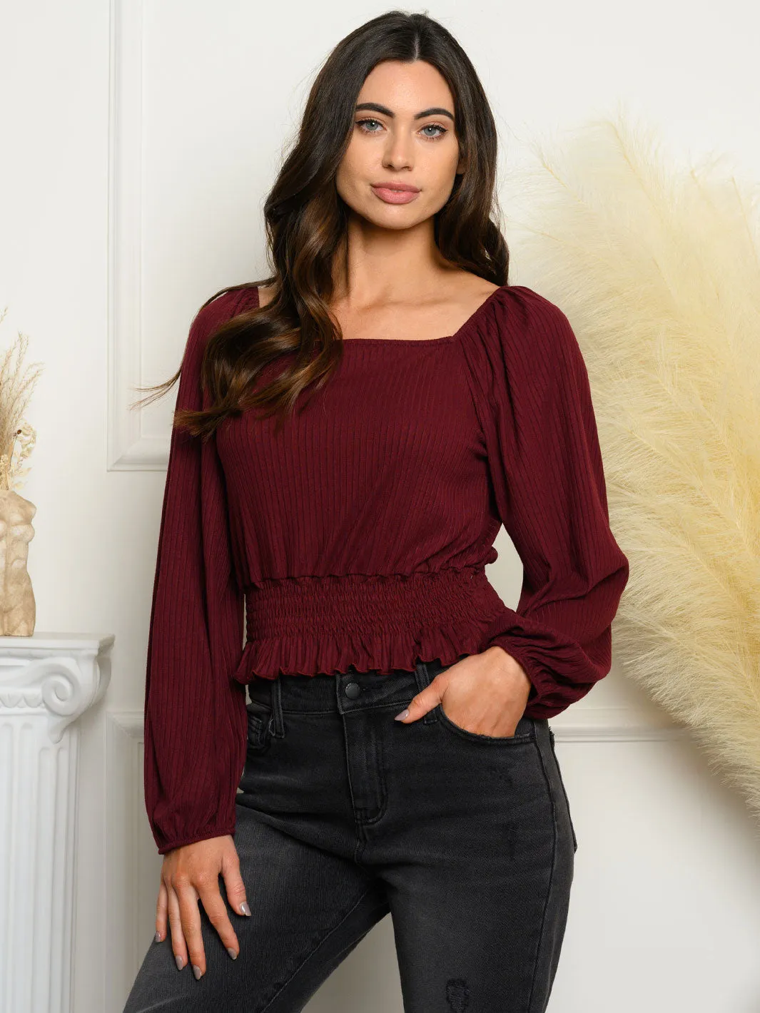 WOMEN'S LONG SLEEVE SMOCKED WASIT KNIT TOP