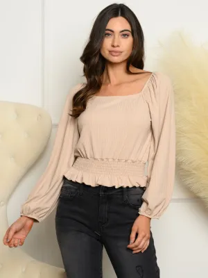 WOMEN'S LONG SLEEVE SMOCKED WASIT KNIT TOP