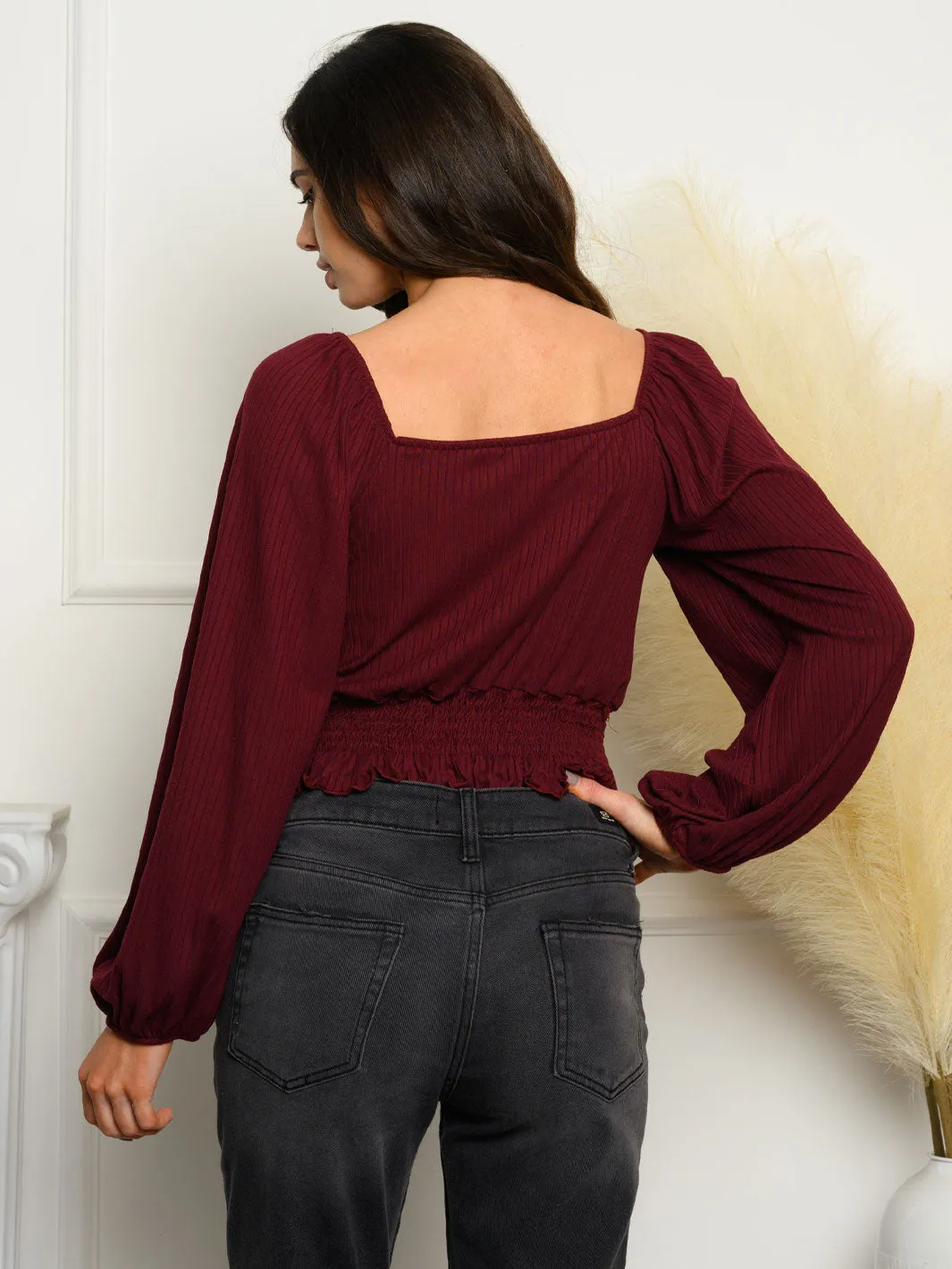 WOMEN'S LONG SLEEVE SMOCKED WASIT KNIT TOP