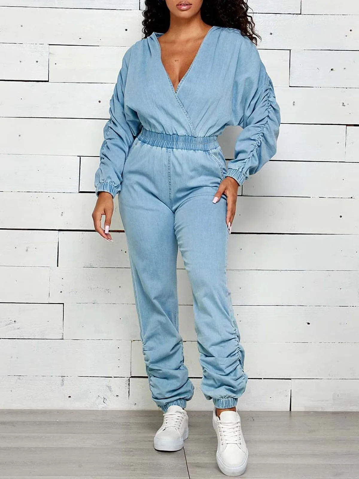WOMEN'S LONG SLEEVE SURPLICE DENIM JOGGER RUCHED JUMPSUIT