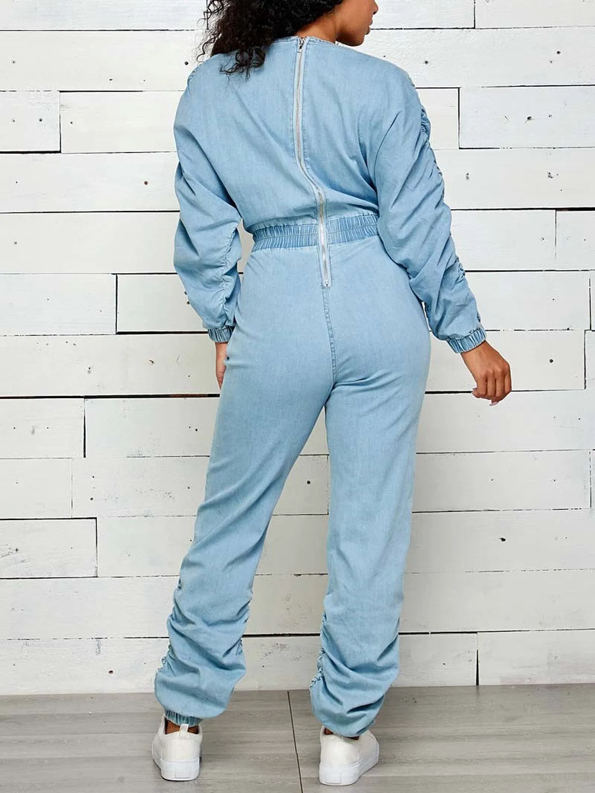 WOMEN'S LONG SLEEVE SURPLICE DENIM JOGGER RUCHED JUMPSUIT