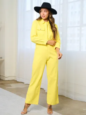 WOMEN'S LONG SLEEVES ZIP UP POCKETS WIDE LEG DENIM JUMPSUIT