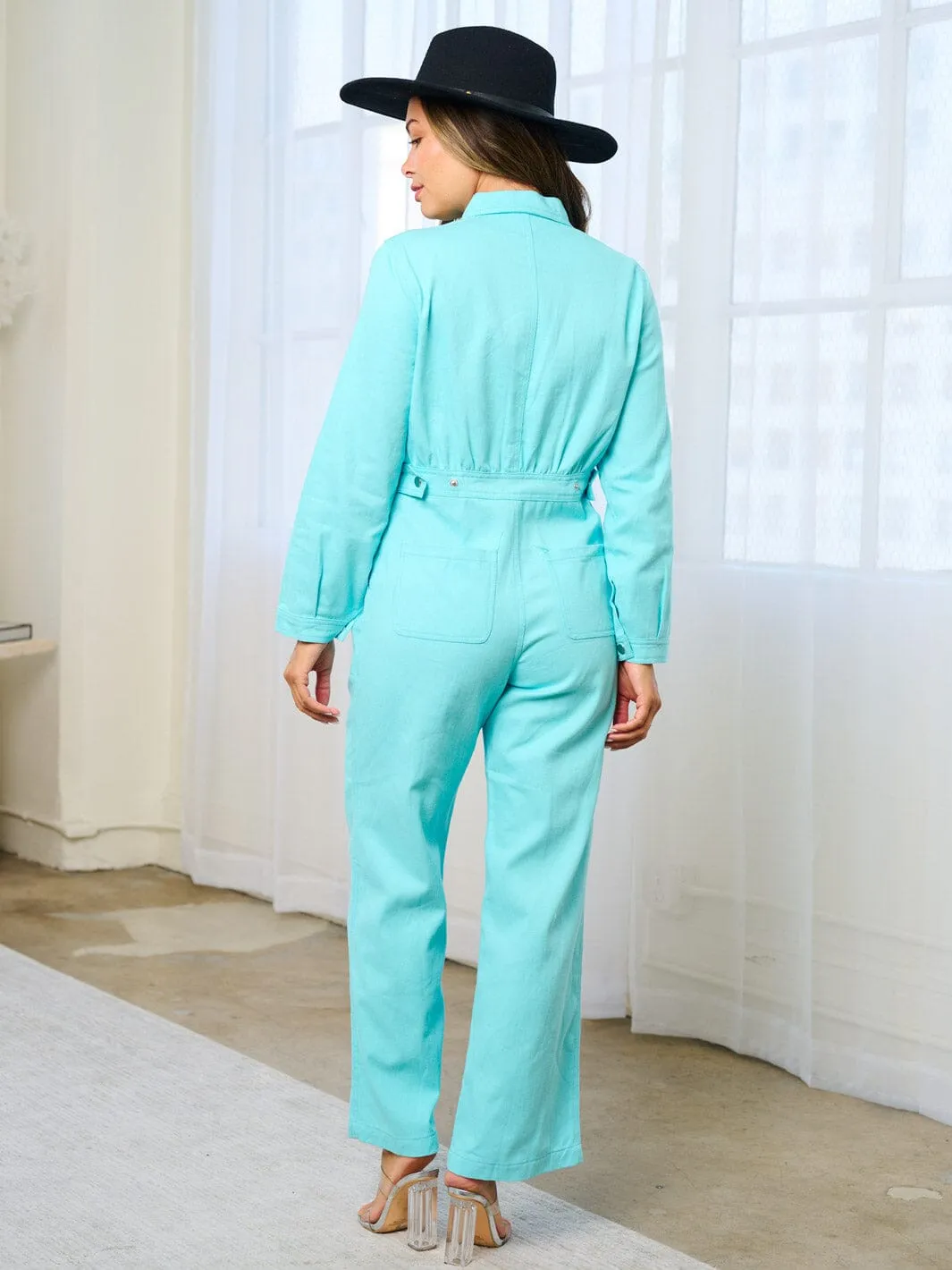 WOMEN'S LONG SLEEVES ZIP UP POCKETS WIDE LEG DENIM JUMPSUIT