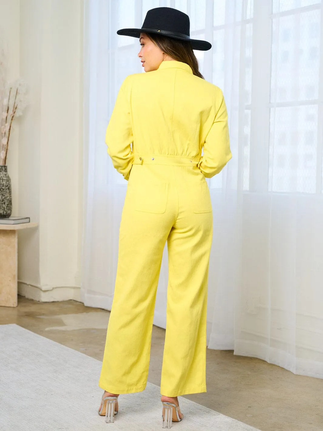 WOMEN'S LONG SLEEVES ZIP UP POCKETS WIDE LEG DENIM JUMPSUIT
