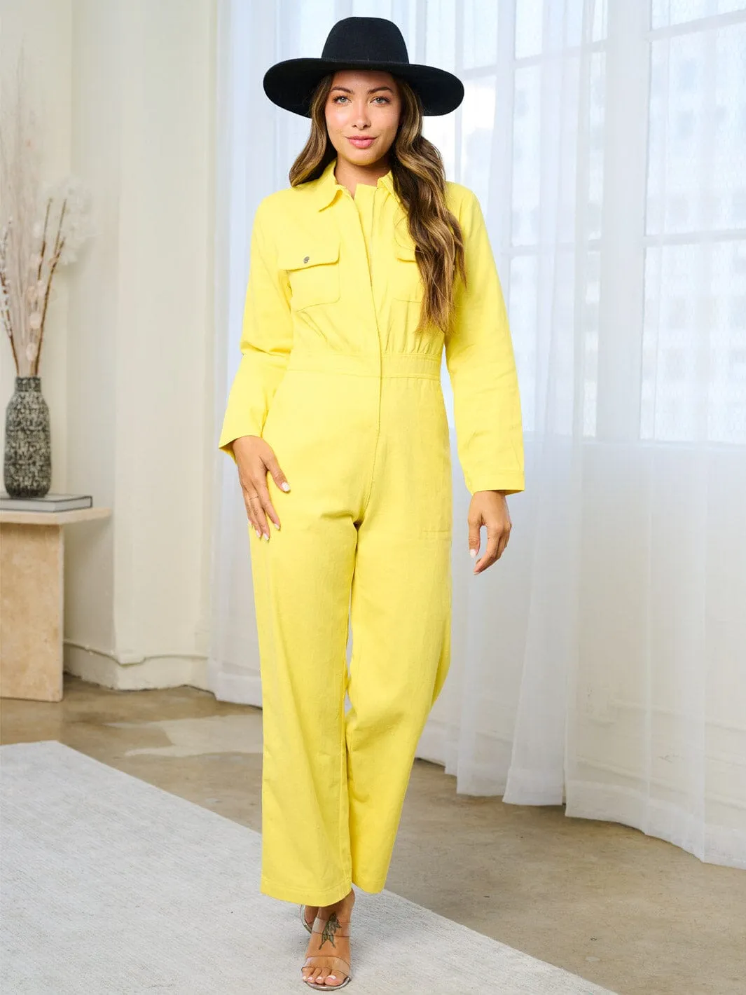 WOMEN'S LONG SLEEVES ZIP UP POCKETS WIDE LEG DENIM JUMPSUIT