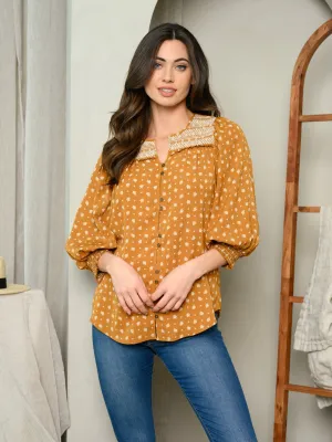 WOMEN'S PUFF SLEEVE SMOCKED YOKE TOP