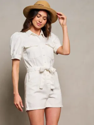 WOMEN'S SHORT PUFF SLEEVE BUTTON UP SELF TIE DENIM ROMPER