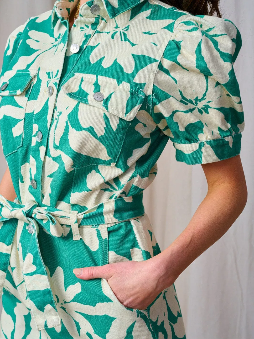 WOMEN'S SHORT PUFF SLEEVE POCKETS BUTTON UP FLORAL DENIM ROMPER