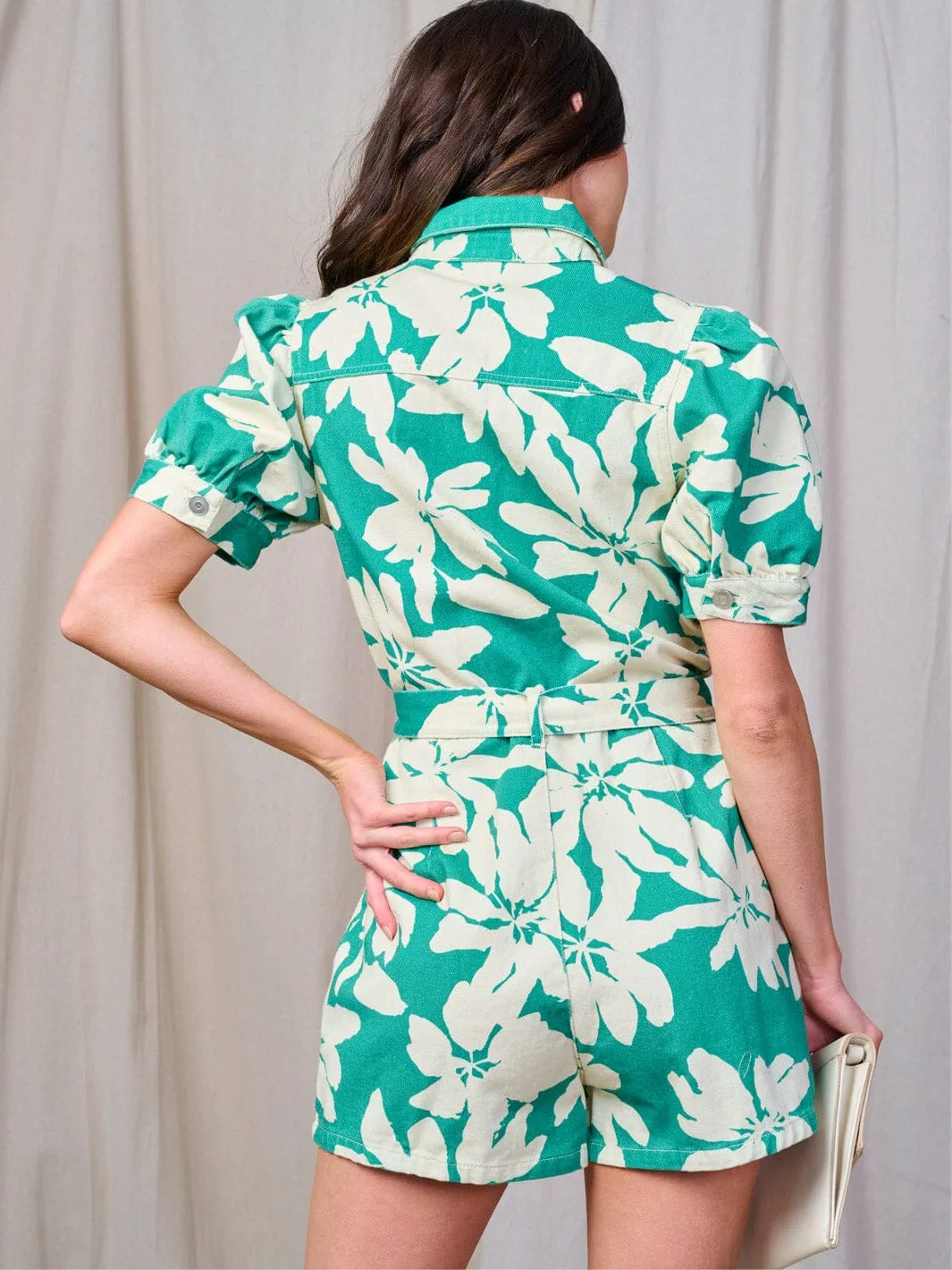 WOMEN'S SHORT PUFF SLEEVE POCKETS BUTTON UP FLORAL DENIM ROMPER