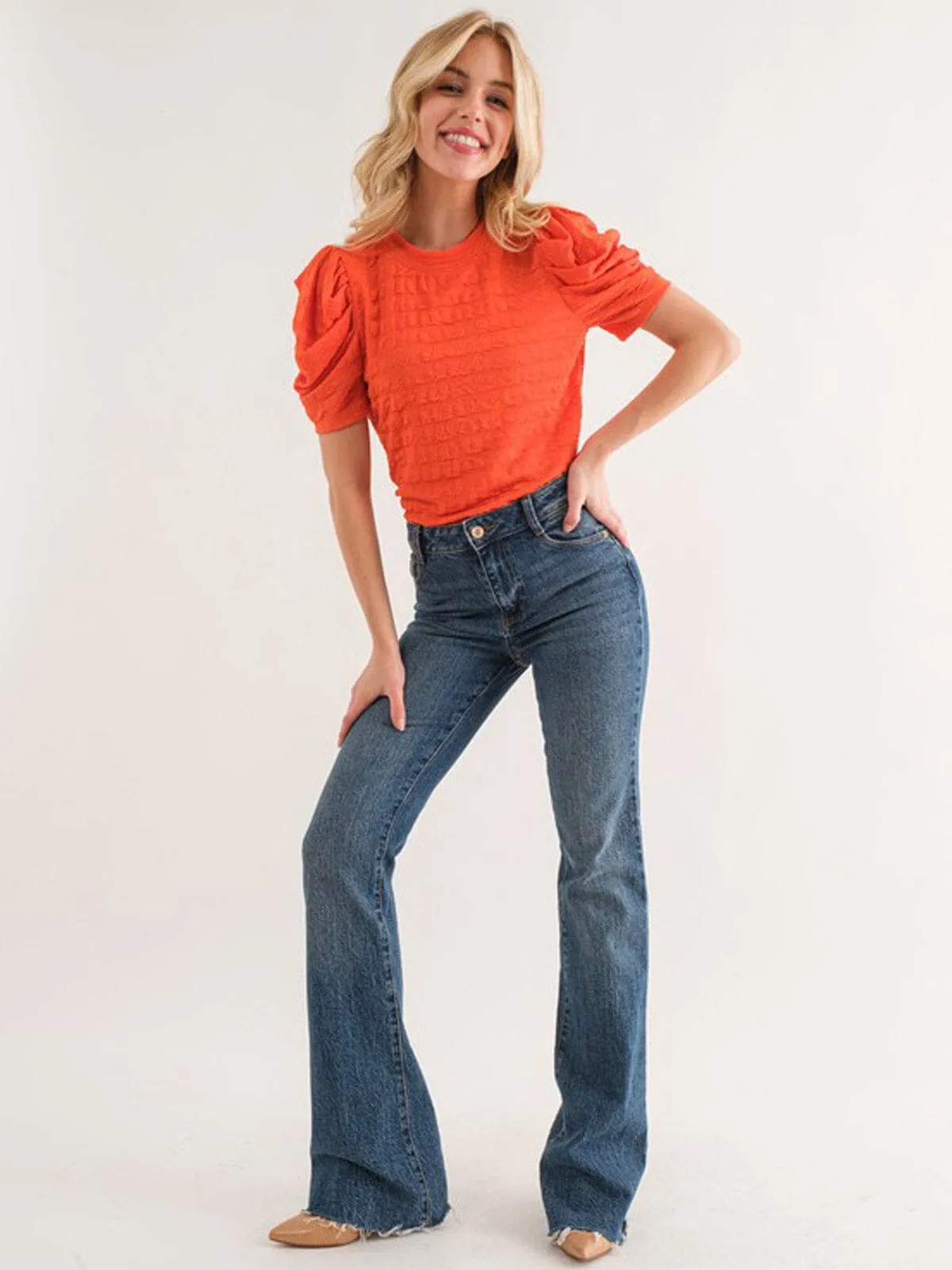 WOMEN'S SHORT PUFF SLEEVE SMOCKED DETAILED BLOUSE TOP