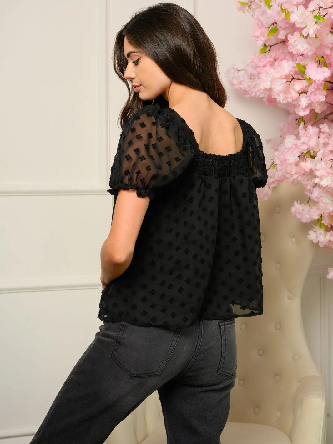WOMEN'S SHORT PUFF SLEEVE SMOCKED SQUARE NECK TOP