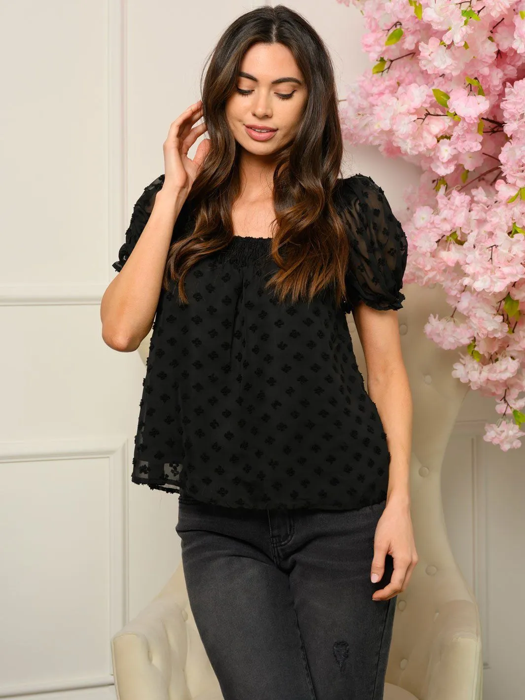 WOMEN'S SHORT PUFF SLEEVE SMOCKED SQUARE NECK TOP
