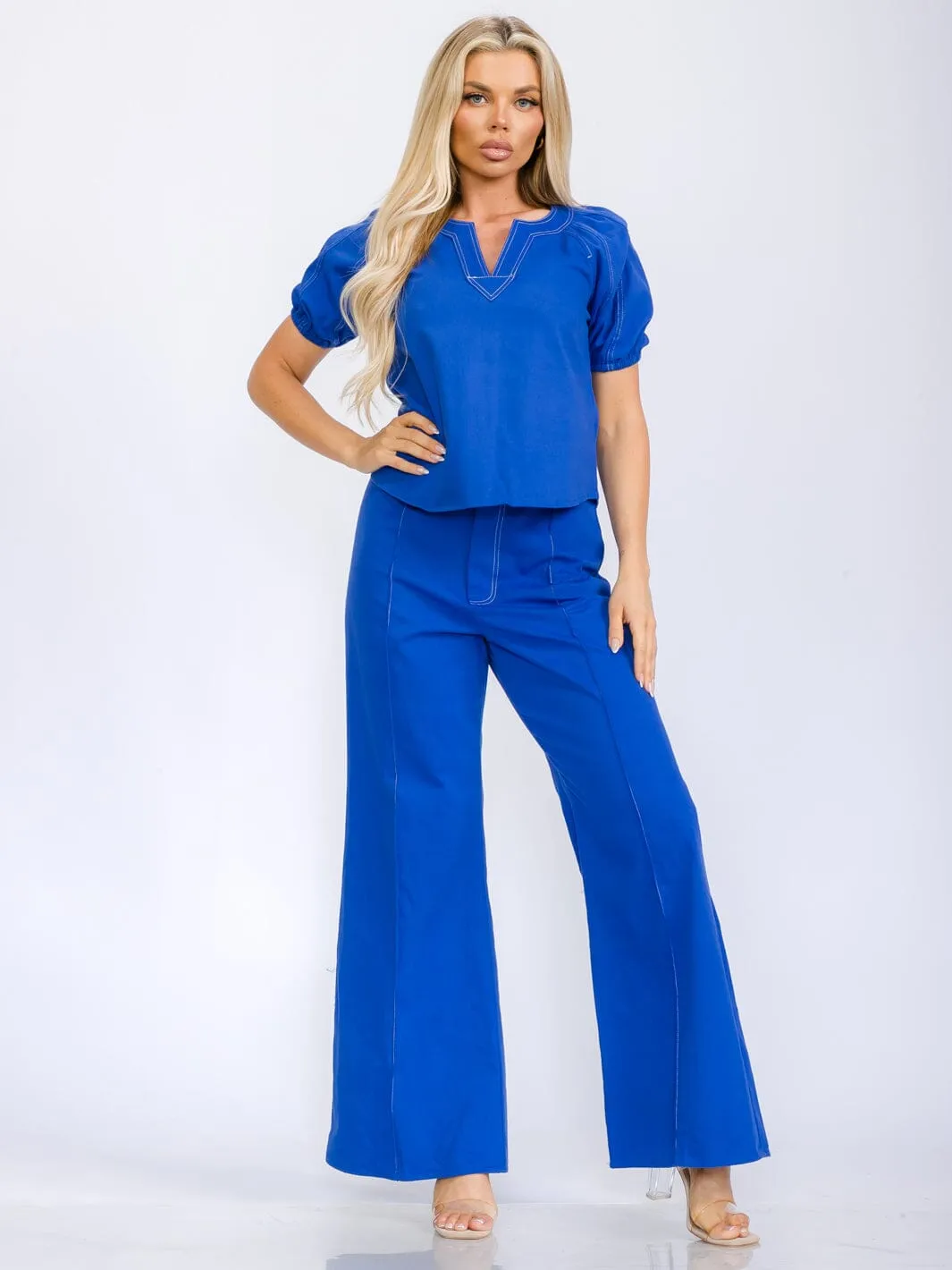 WOMEN'S SHORT SLEEVE BLOUSE & BUTTON CLOSURE WIDE LEG PANTS DENIM 2PC. SET