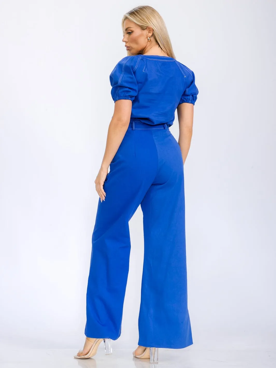 WOMEN'S SHORT SLEEVE BLOUSE & BUTTON CLOSURE WIDE LEG PANTS DENIM 2PC. SET