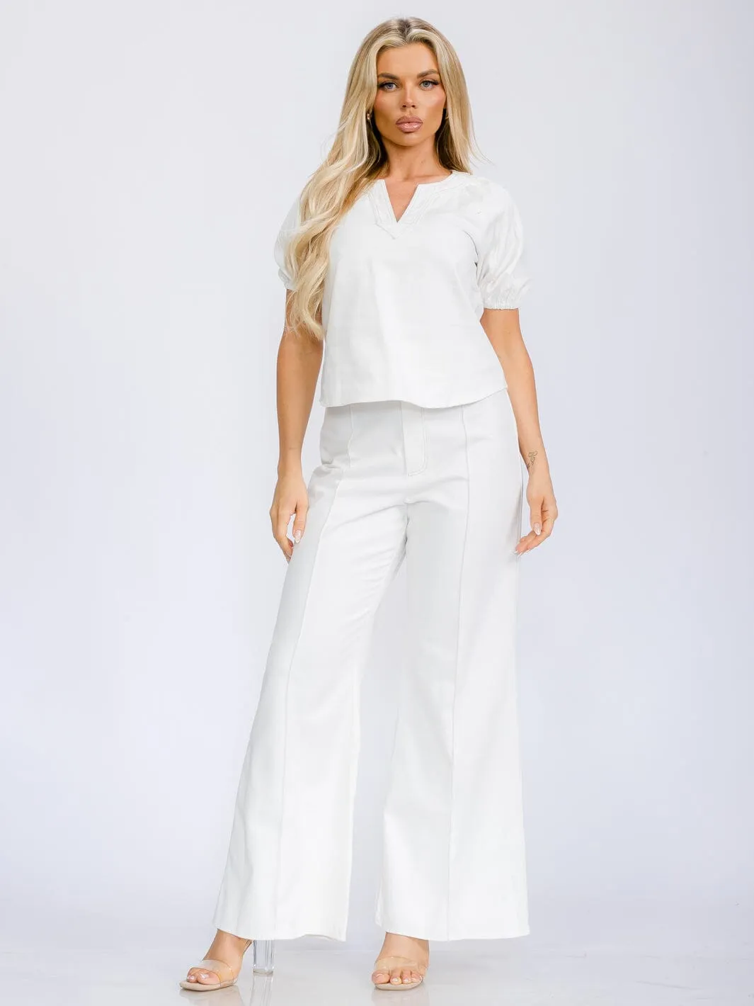WOMEN'S SHORT SLEEVE BLOUSE & BUTTON CLOSURE WIDE LEG PANTS DENIM 2PC. SET