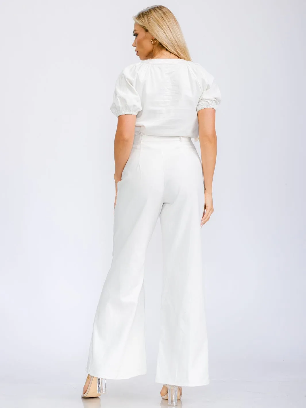 WOMEN'S SHORT SLEEVE BLOUSE & BUTTON CLOSURE WIDE LEG PANTS DENIM 2PC. SET