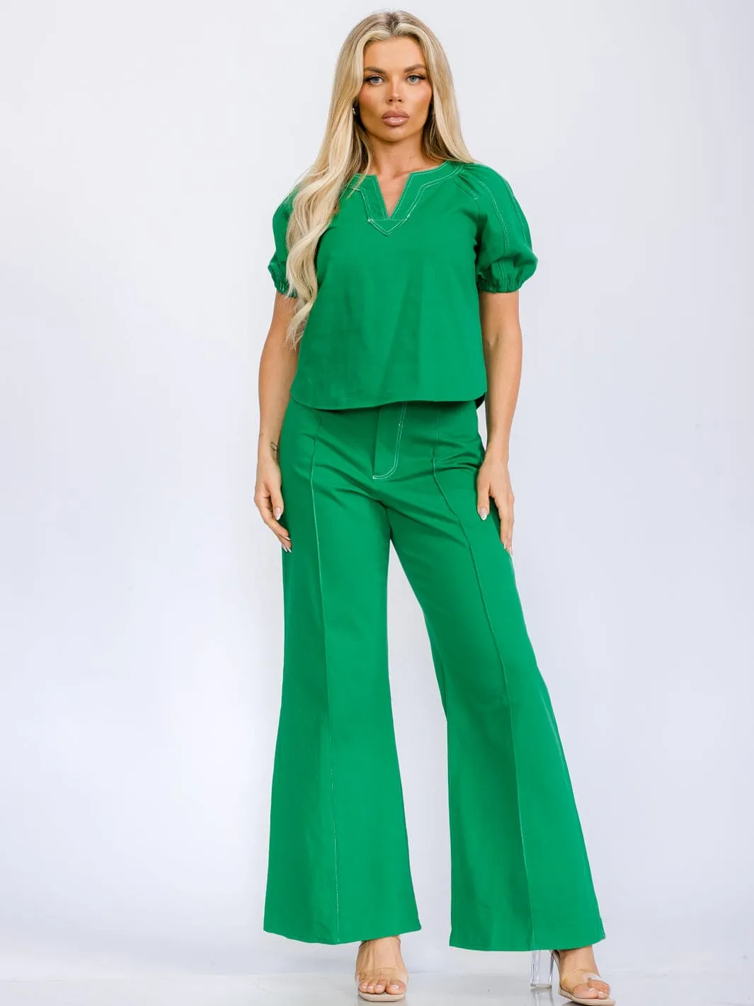 WOMEN'S SHORT SLEEVE BLOUSE & BUTTON CLOSURE WIDE LEG PANTS DENIM 2PC. SET
