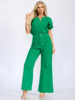 WOMEN'S SHORT SLEEVE BLOUSE & BUTTON CLOSURE WIDE LEG PANTS DENIM 2PC. SET