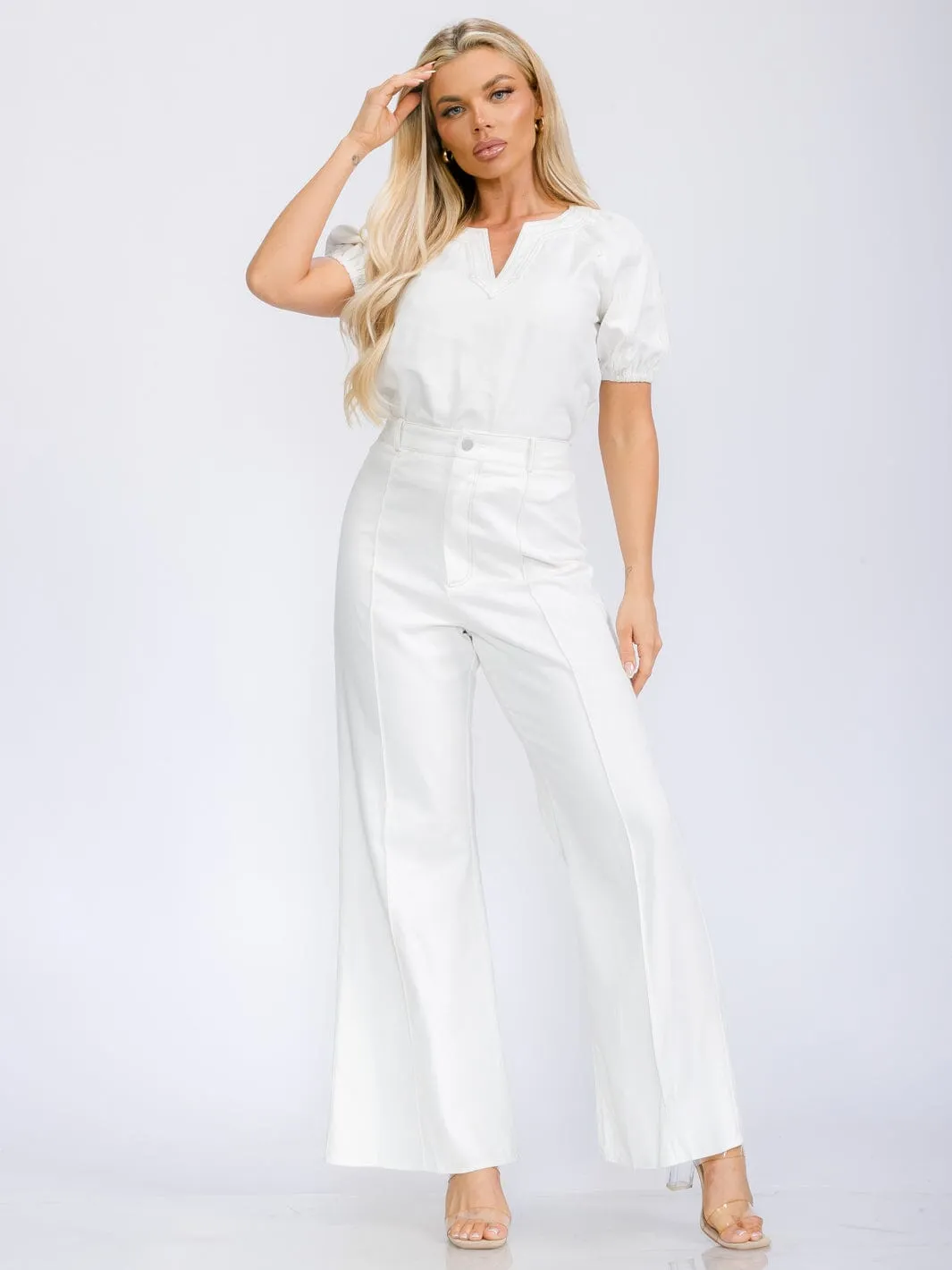WOMEN'S SHORT SLEEVE BLOUSE & BUTTON CLOSURE WIDE LEG PANTS DENIM 2PC. SET
