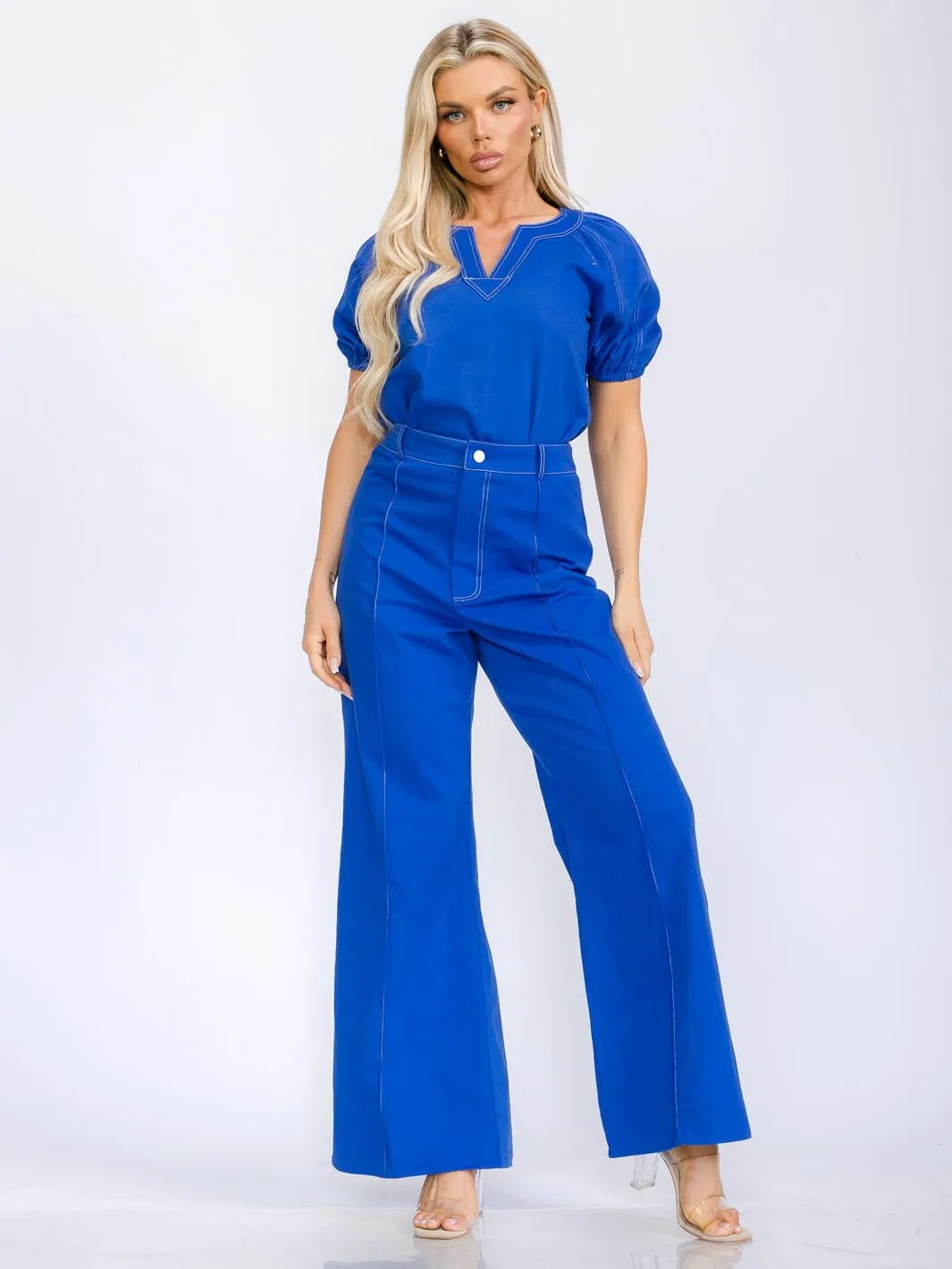WOMEN'S SHORT SLEEVE BLOUSE & BUTTON CLOSURE WIDE LEG PANTS DENIM 2PC. SET
