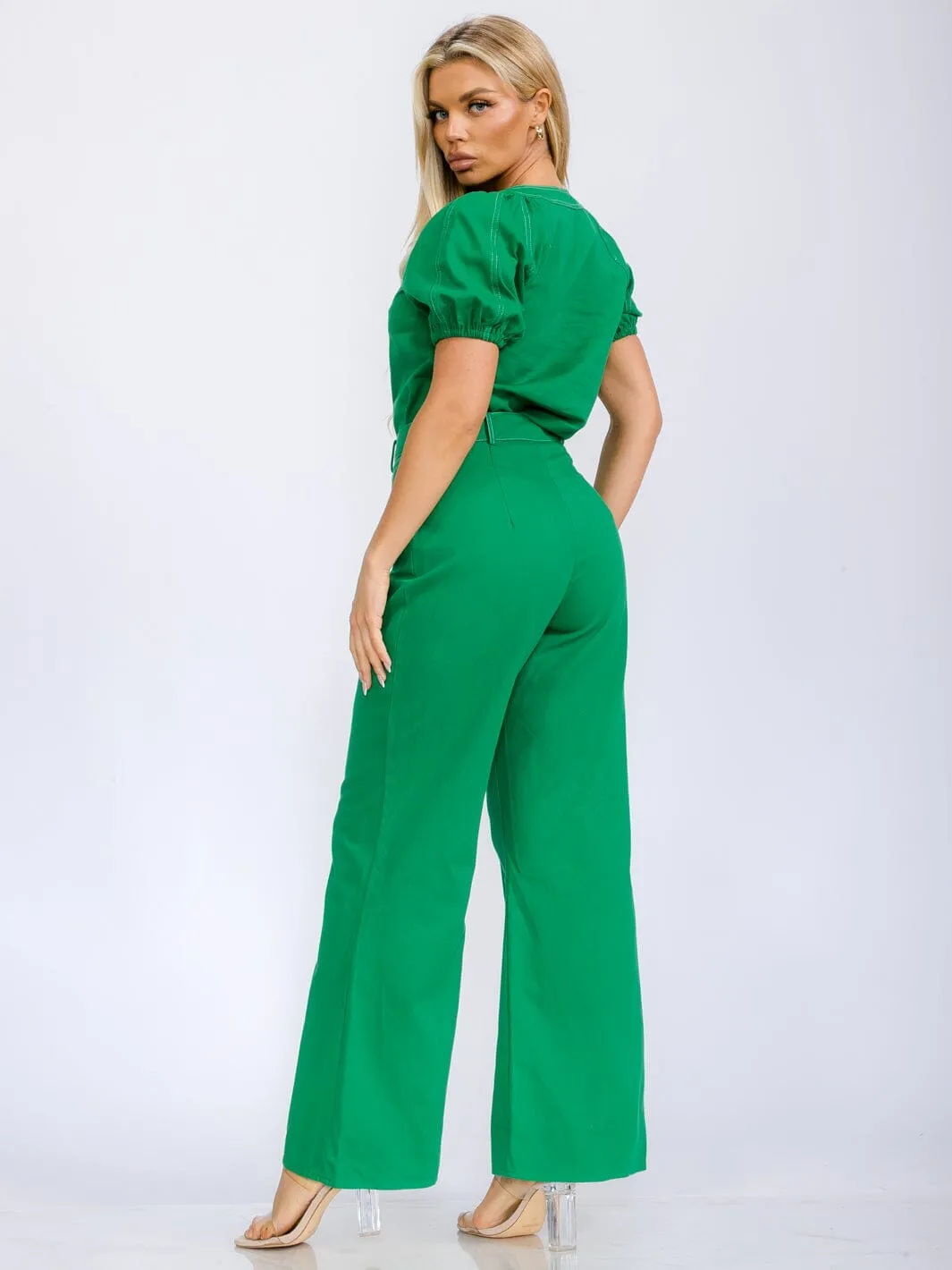 WOMEN'S SHORT SLEEVE BLOUSE & BUTTON CLOSURE WIDE LEG PANTS DENIM 2PC. SET