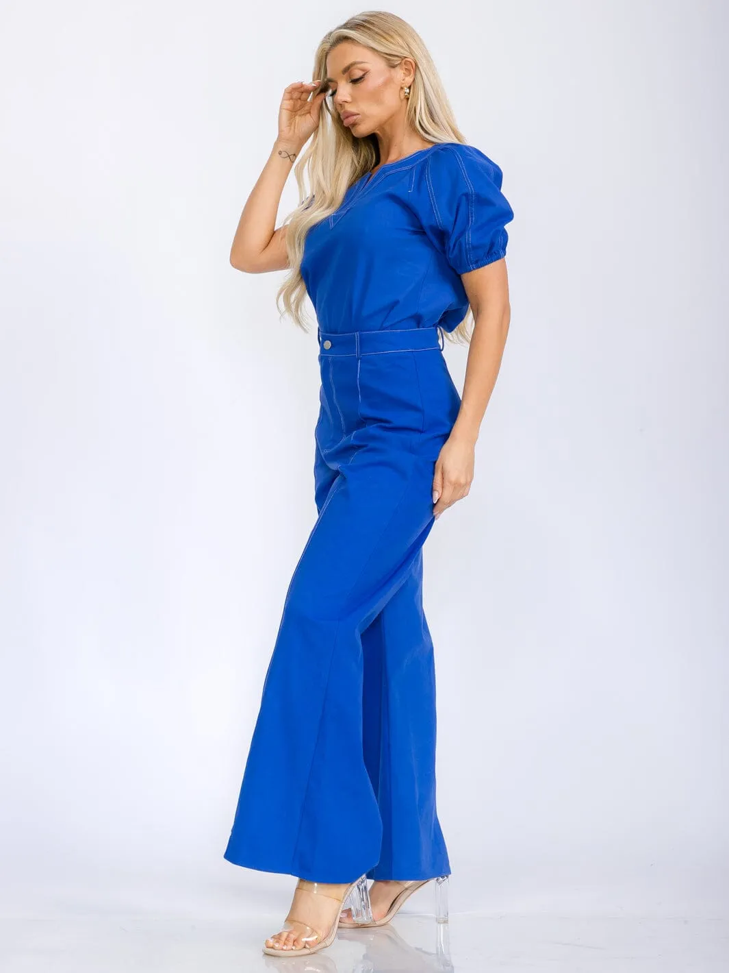 WOMEN'S SHORT SLEEVE BLOUSE & BUTTON CLOSURE WIDE LEG PANTS DENIM 2PC. SET