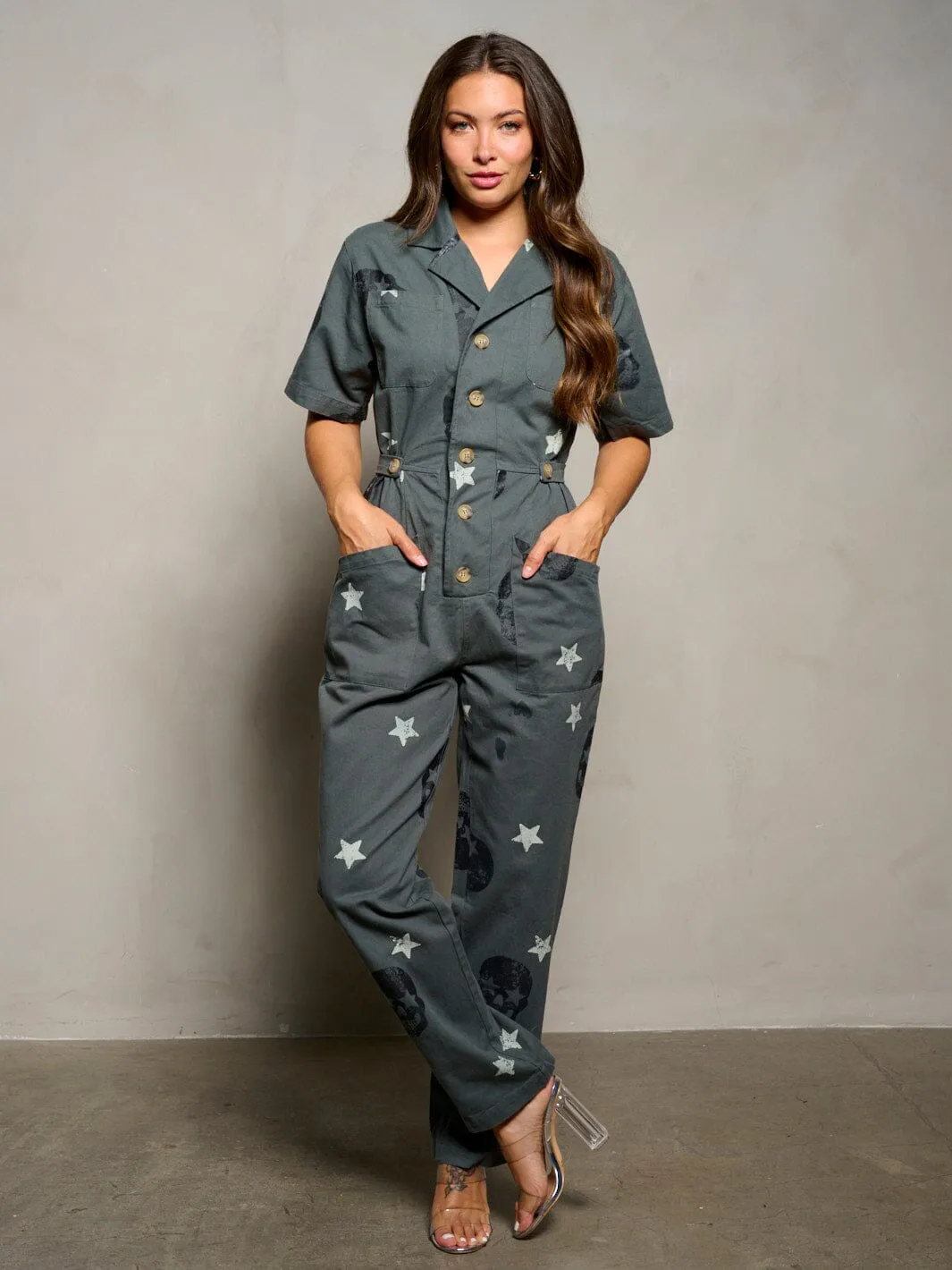 WOMEN'S SHORT SLEEVE BUTTON UP PRINTED POCKETS DENIM JUMPSUIT