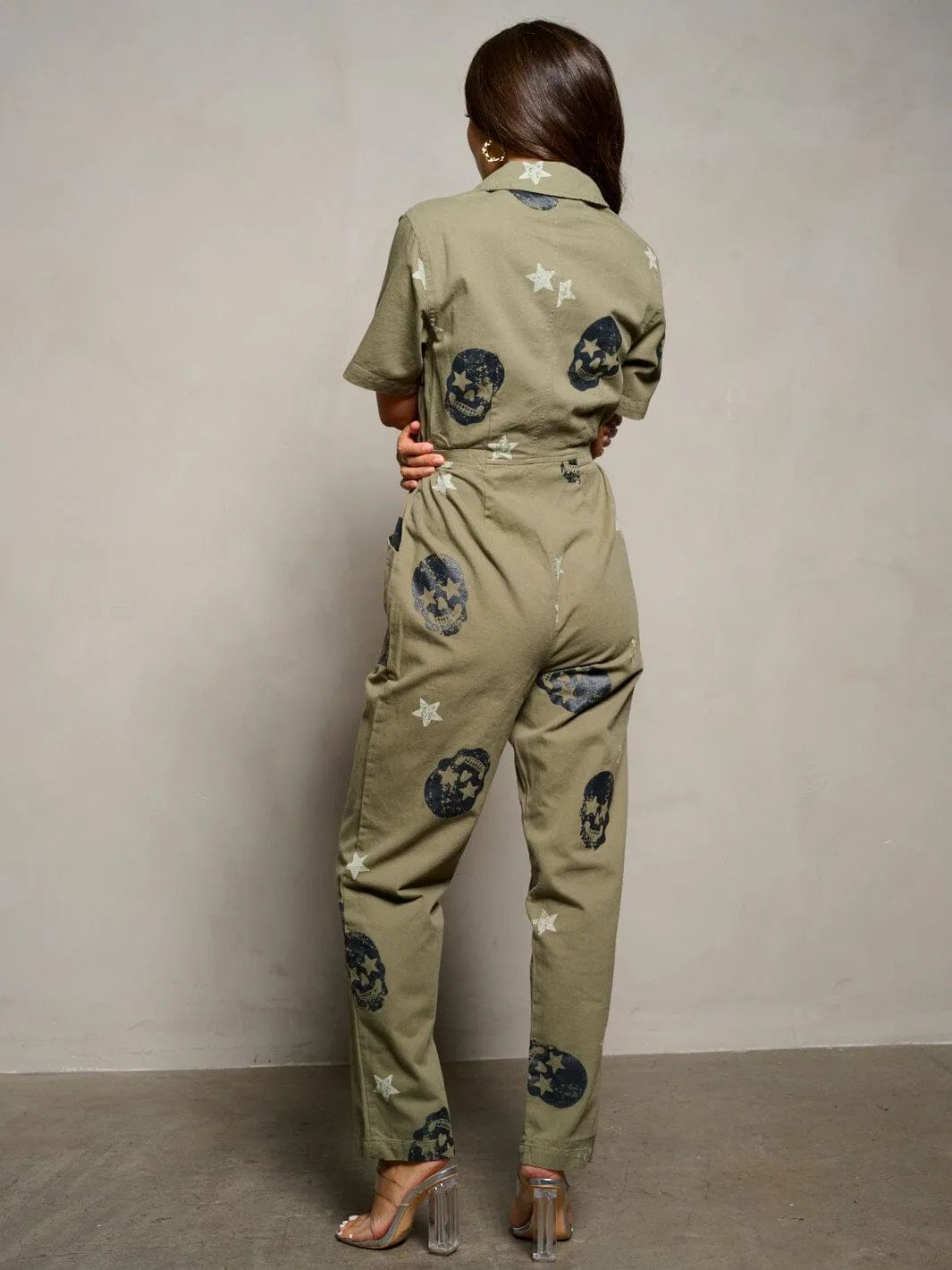WOMEN'S SHORT SLEEVE BUTTON UP PRINTED POCKETS DENIM JUMPSUIT
