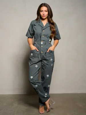 WOMEN'S SHORT SLEEVE BUTTON UP PRINTED POCKETS DENIM JUMPSUIT