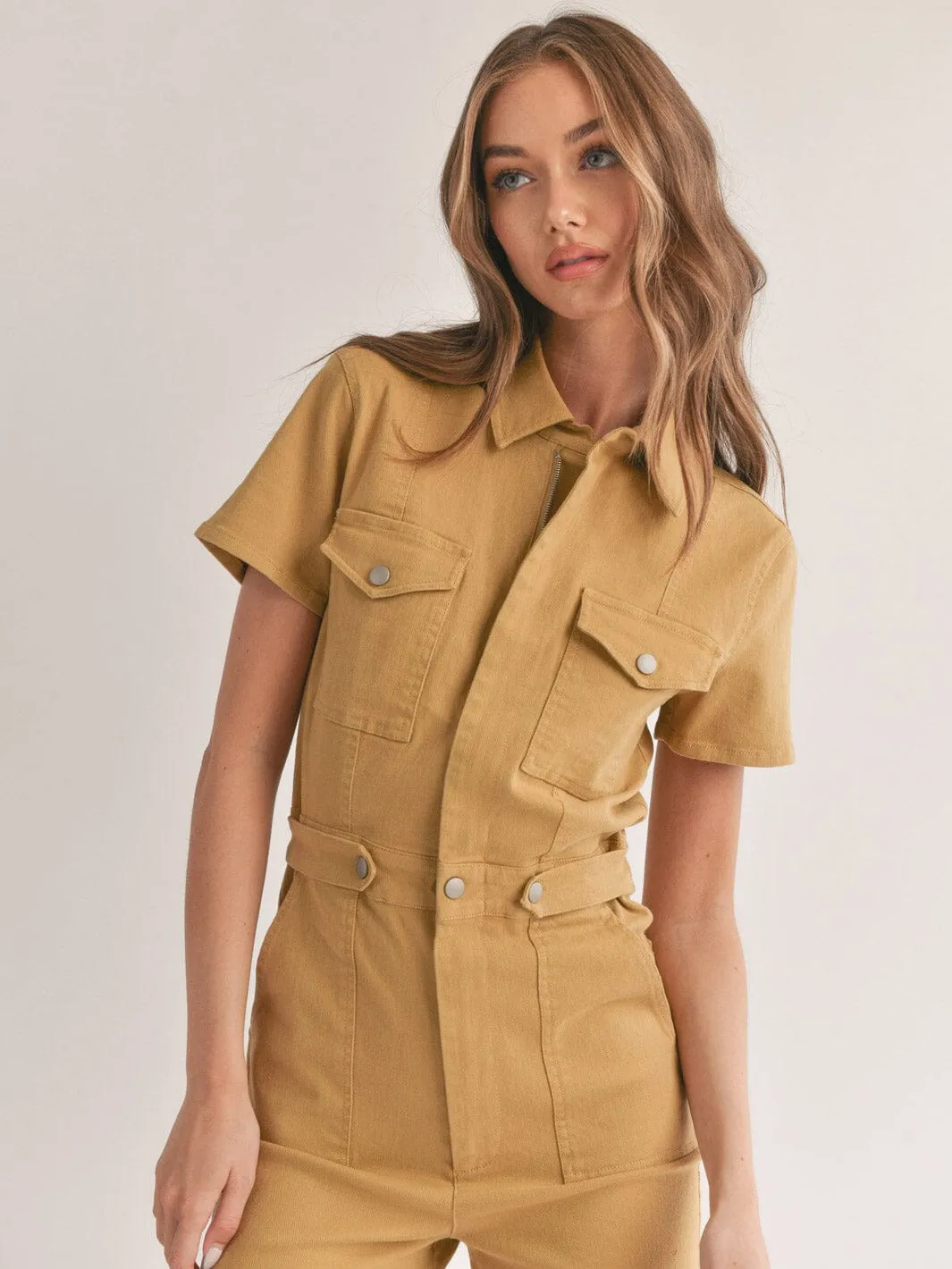 WOMEN'S SHORT SLEEVE POCKETS BUTTON UP DENIM ROMPER