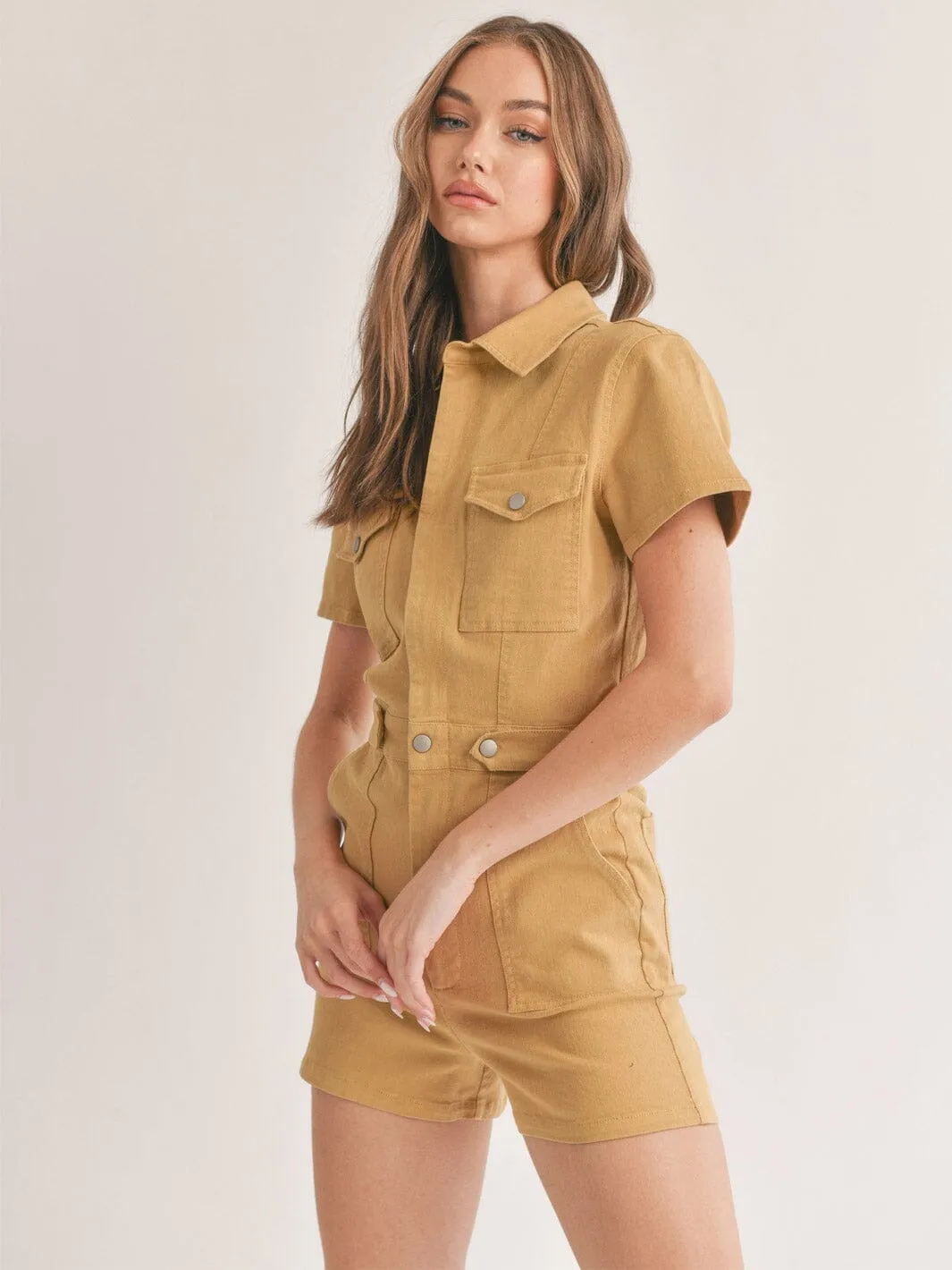 WOMEN'S SHORT SLEEVE POCKETS BUTTON UP DENIM ROMPER