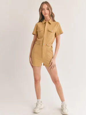 WOMEN'S SHORT SLEEVE POCKETS BUTTON UP DENIM ROMPER