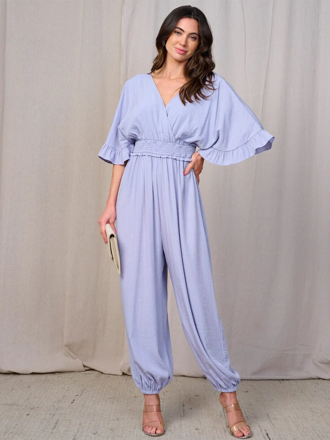 WOMEN'S SHORT SLEEVE SMOCK WAIST SURPLICE JOGGER JUMPSUIT