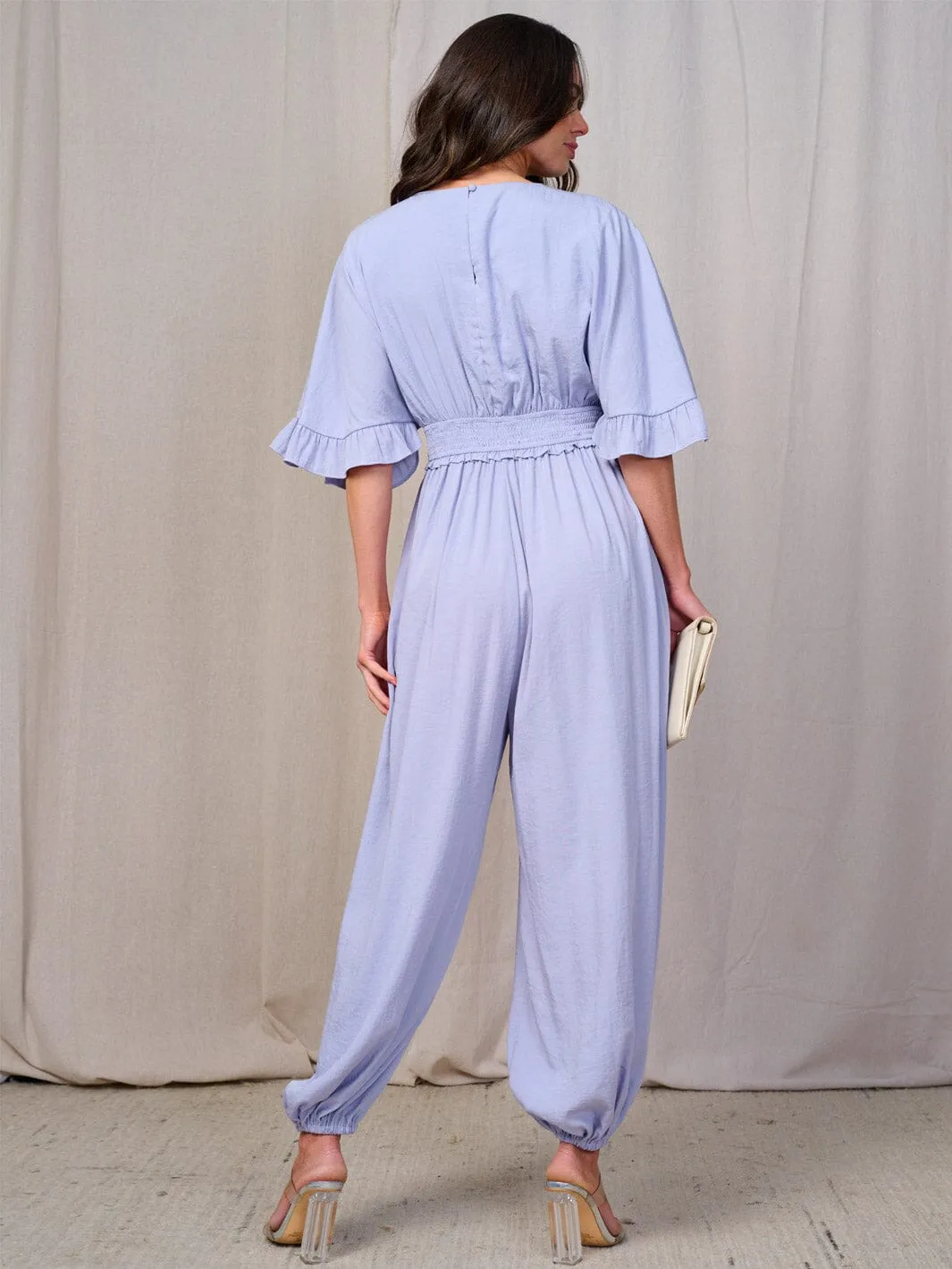 WOMEN'S SHORT SLEEVE SMOCK WAIST SURPLICE JOGGER JUMPSUIT