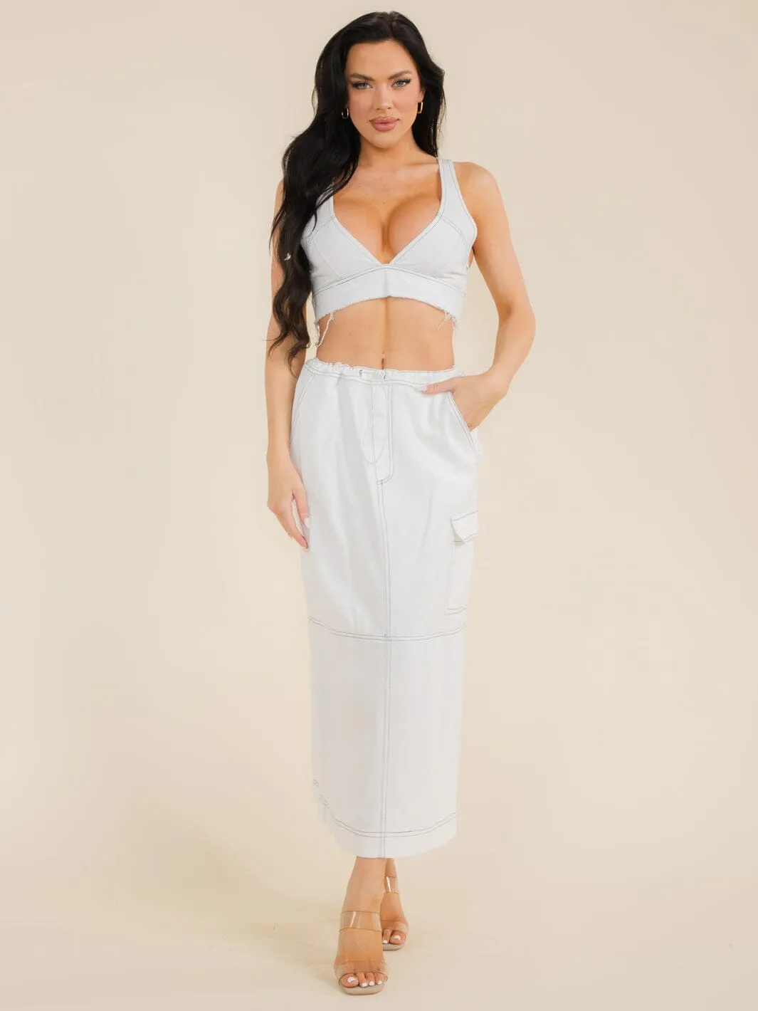 WOMEN'S SLEEVELESS CROP TOP & ADJUSTABLE WAIST MAXI SKIRT DENIM 2PC SETS