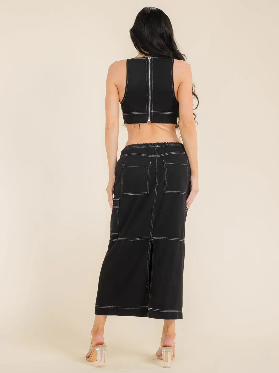 WOMEN'S SLEEVELESS CROP TOP & ADJUSTABLE WAIST MAXI SKIRT DENIM 2PC SETS