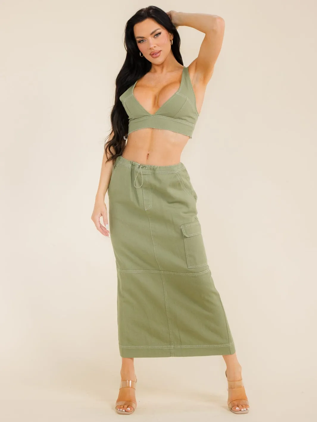 WOMEN'S SLEEVELESS CROP TOP & ADJUSTABLE WAIST MAXI SKIRT DENIM 2PC SETS