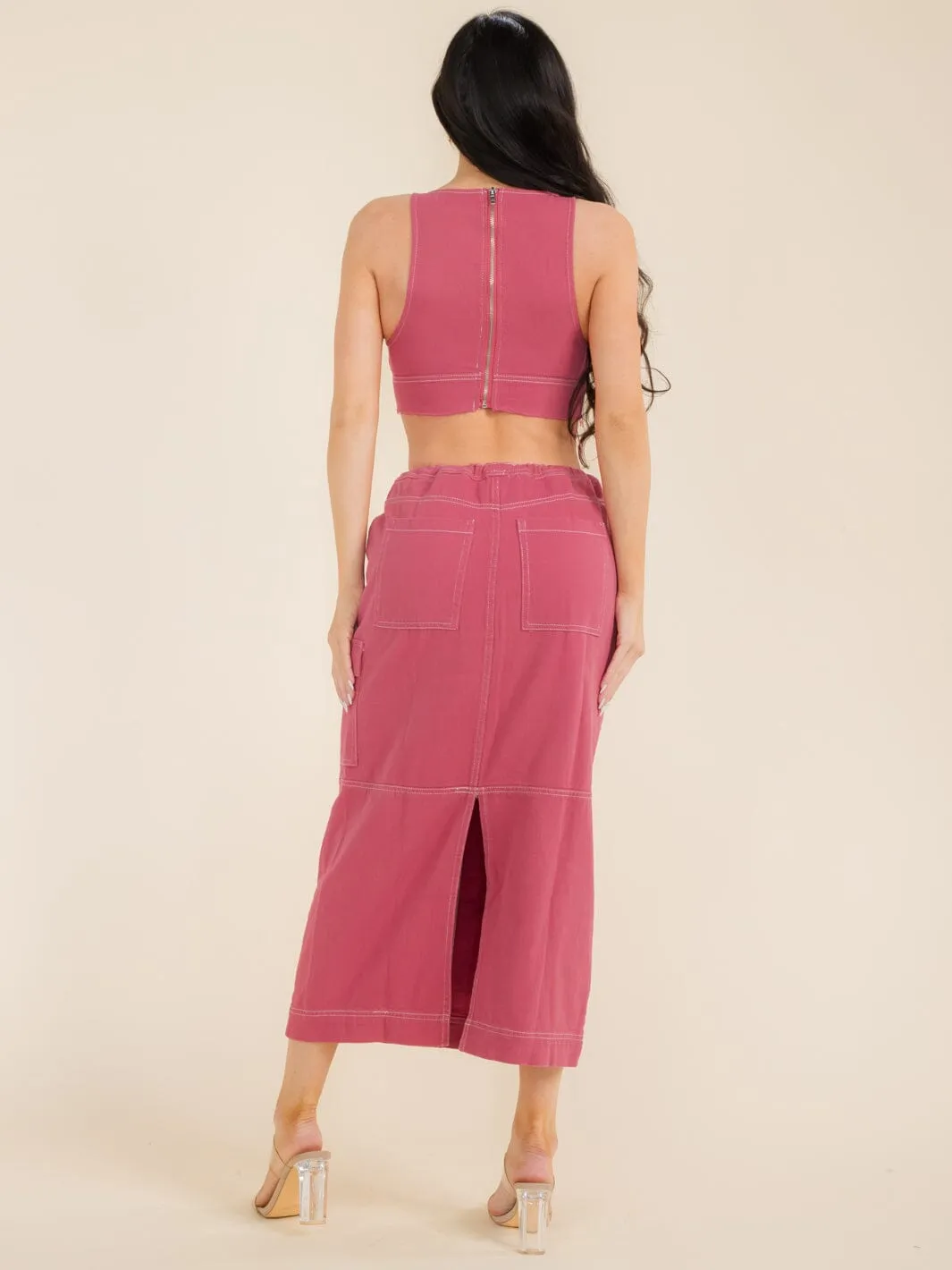 WOMEN'S SLEEVELESS CROP TOP & ADJUSTABLE WAIST MAXI SKIRT DENIM 2PC SETS