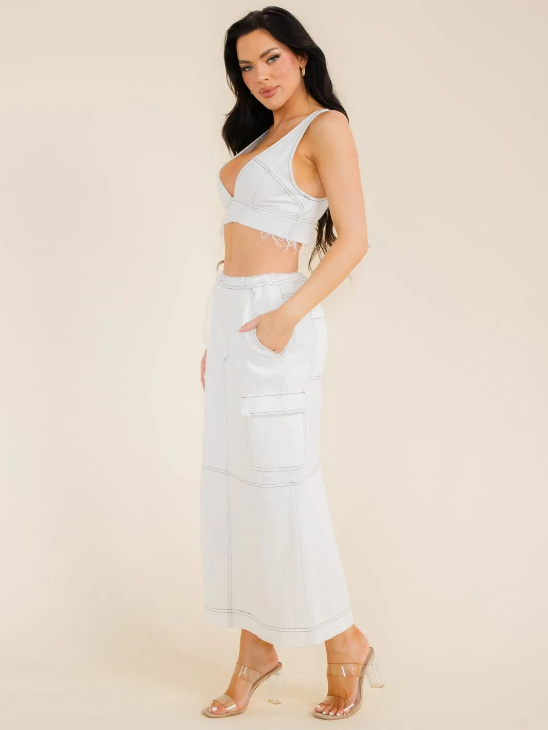 WOMEN'S SLEEVELESS CROP TOP & ADJUSTABLE WAIST MAXI SKIRT DENIM 2PC SETS