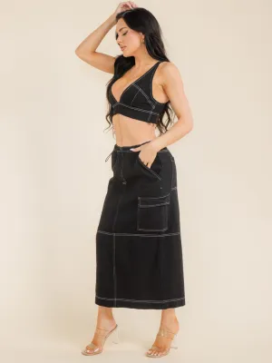WOMEN'S SLEEVELESS CROP TOP & ADJUSTABLE WAIST MAXI SKIRT DENIM 2PC SETS