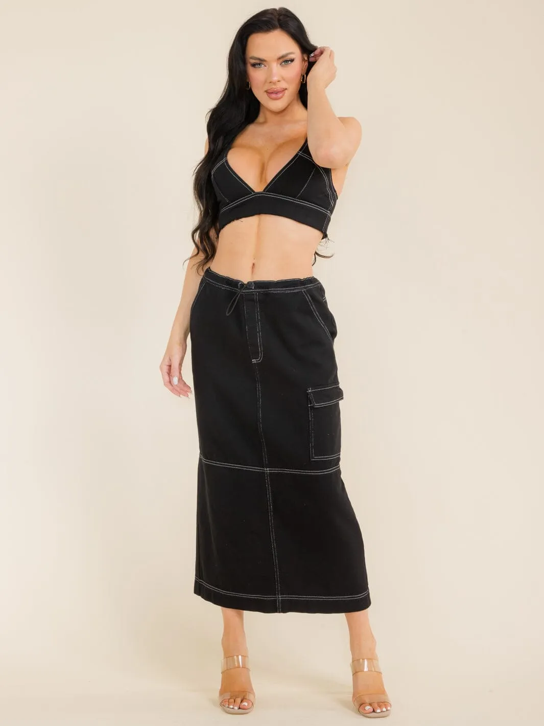 WOMEN'S SLEEVELESS CROP TOP & ADJUSTABLE WAIST MAXI SKIRT DENIM 2PC SETS