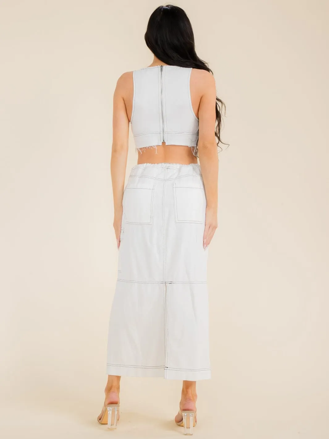 WOMEN'S SLEEVELESS CROP TOP & ADJUSTABLE WAIST MAXI SKIRT DENIM 2PC SETS